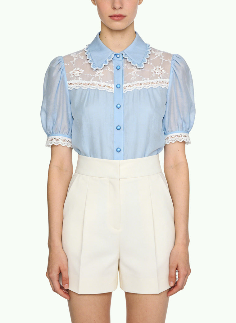 Women's Sheer Lace-trim Peter Pan Collar Top