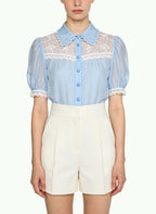 Women's Sheer Lace-trim Peter Pan Collar Top