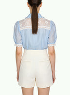 Women's Sheer Lace-trim Peter Pan Collar Top