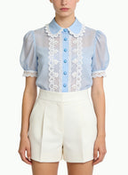 Women's Sheer Lace-trim Peter Pan Collar Top