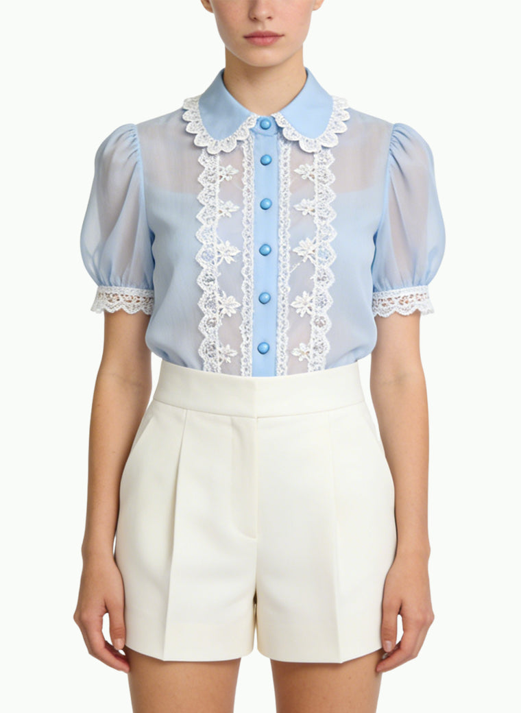 Women's Sheer Lace-trim Peter Pan Collar Top