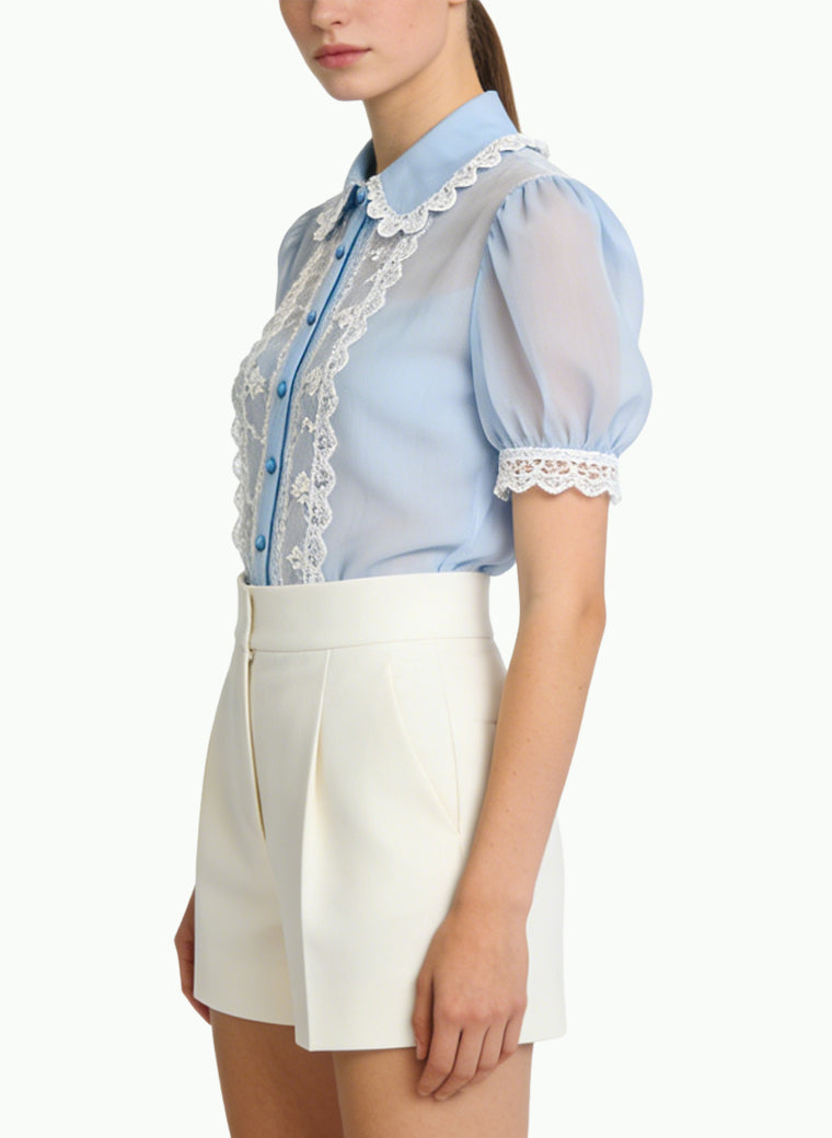 Women's Sheer Lace-trim Peter Pan Collar Top