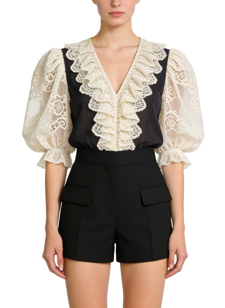 Women's Lace-trim Puff-sleeve Short Sleeve Top