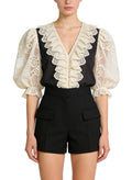 Women's Lace-trim Puff-sleeve Short Sleeve Top