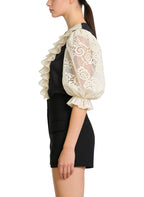 Women's Lace-trim Puff-sleeve Short Sleeve Top