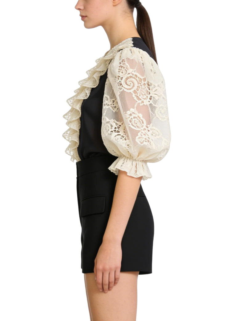 Women's Lace-trim Puff-sleeve Short Sleeve Top