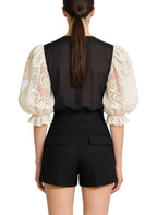 Women's Lace-trim Puff-sleeve Short Sleeve Top