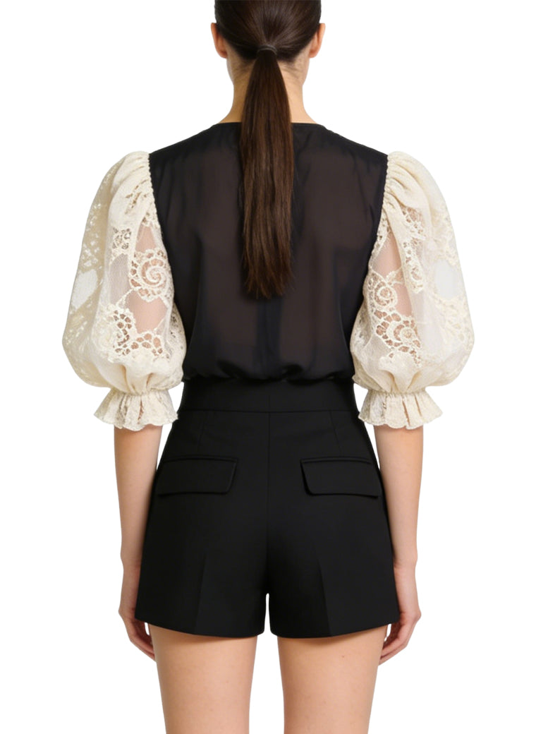 Women's Lace-trim Puff-sleeve Short Sleeve Top