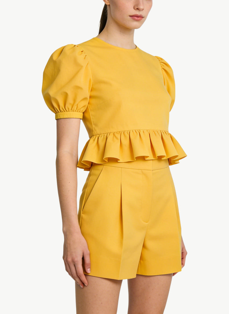 Women's Ruffled Hem Puff-sleeve Short Sleeve Top
