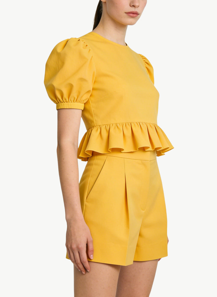 Women's Ruffled Hem Puff-sleeve Short Sleeve Top