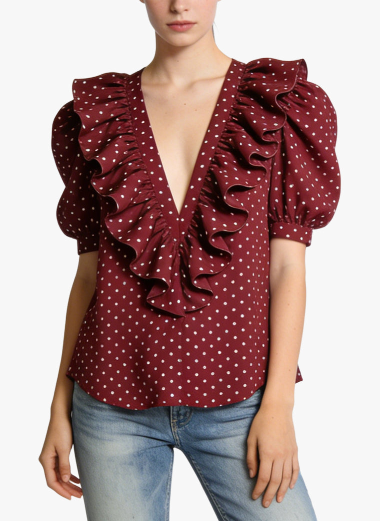 Women's Ruffled Puff-sleeve V-neck Top
