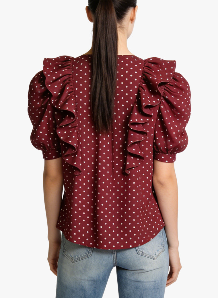 Women's Ruffled Puff-sleeve V-neck Top