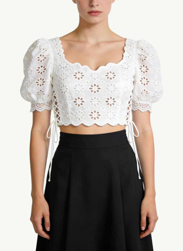 Women's Lace-trim Square-neck Short Sleeve Top
