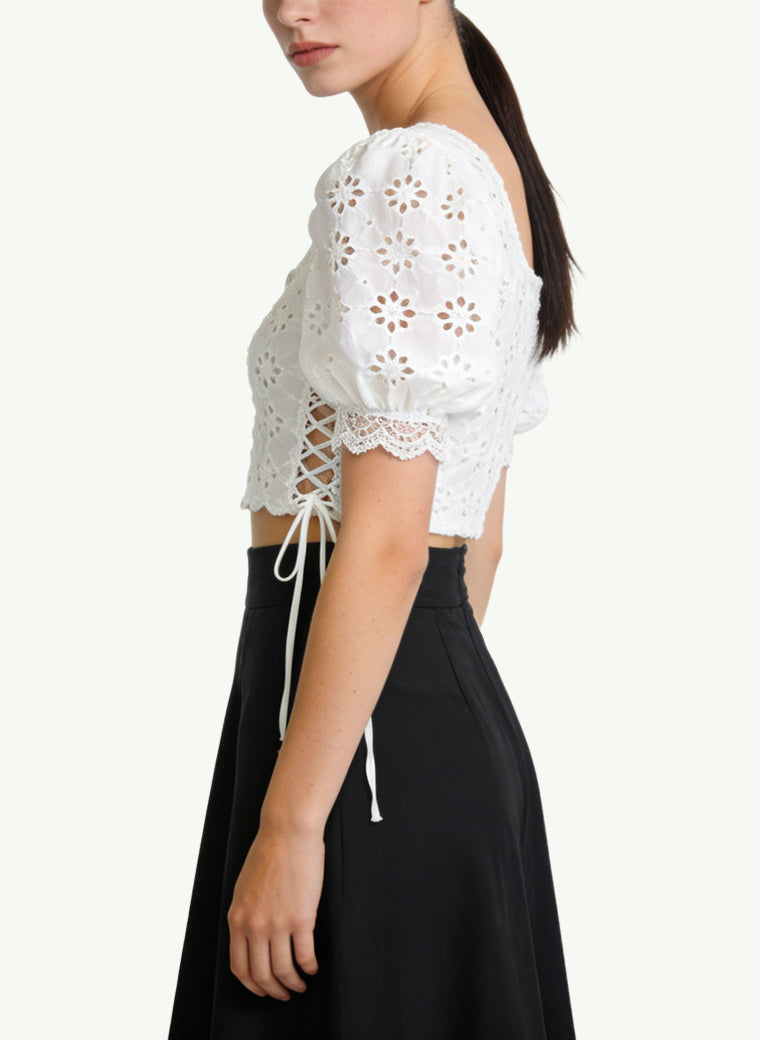 Women's Lace-trim Square-neck Short Sleeve Top