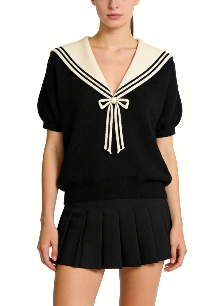 Women's Sailor-collar Tie-front Short Sleeve Top