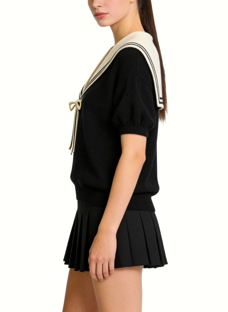 Women's Sailor-collar Tie-front Short Sleeve Top