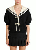 Women's Minimalist Sailor-collar Tie-front Short Sleeve Top