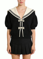 Women's Minimalist Sailor-collar Tie-front Short Sleeve Top