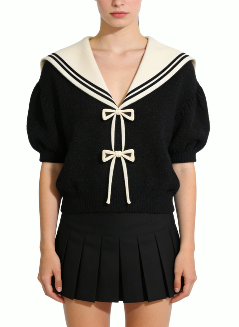 Women's Minimalist Sailor-collar Tie-front Short Sleeve Top