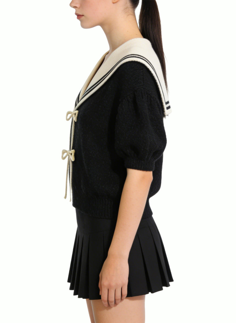 Women's Minimalist Sailor-collar Tie-front Short Sleeve Top