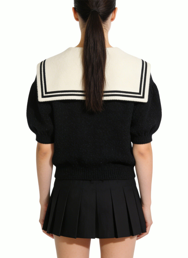 Women's Minimalist Sailor-collar Tie-front Short Sleeve Top