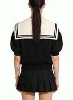 Women's Minimalist Sailor-collar Tie-front Short Sleeve Top
