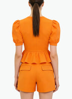 Women's Ruffled Hem Puff-sleeve Short Sleeve Top