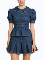 Women's Ruffled Puff-sleeve Peplum Short Sleeve Top