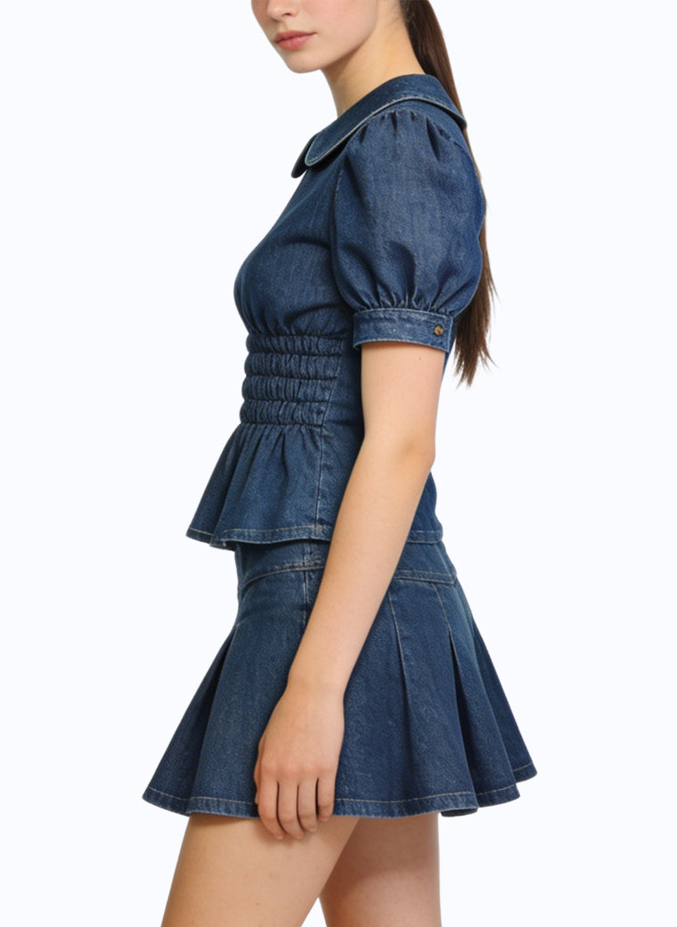 Women's Ruffled Puff-sleeve Peplum Short Sleeve Top