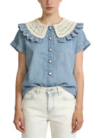 Women's Peter Pan Collar Button-down Short Sleeve Top
