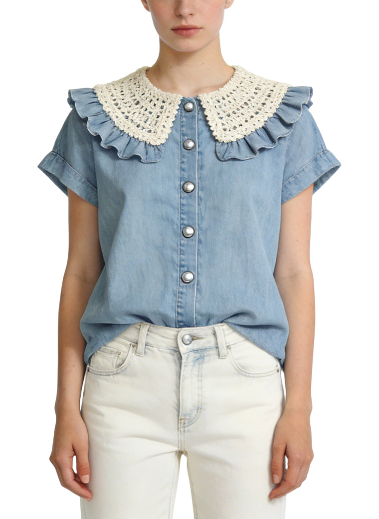 Women's Peter Pan Collar Button-down Short Sleeve Top