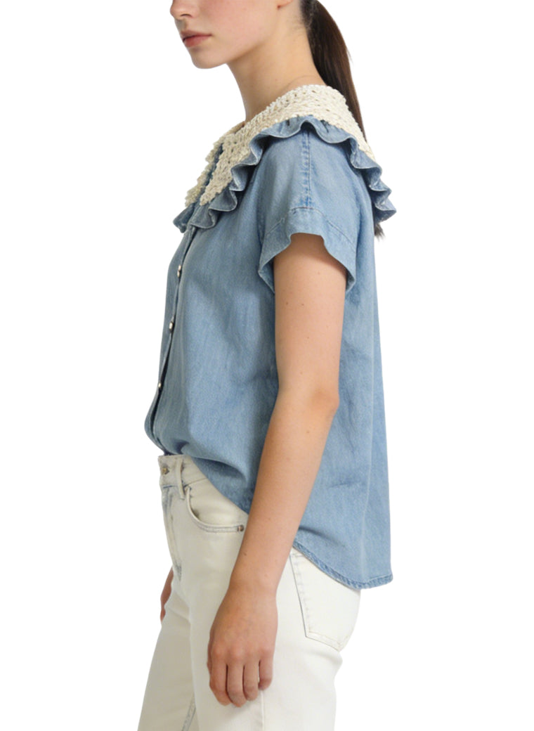 Women's Peter Pan Collar Button-down Short Sleeve Top