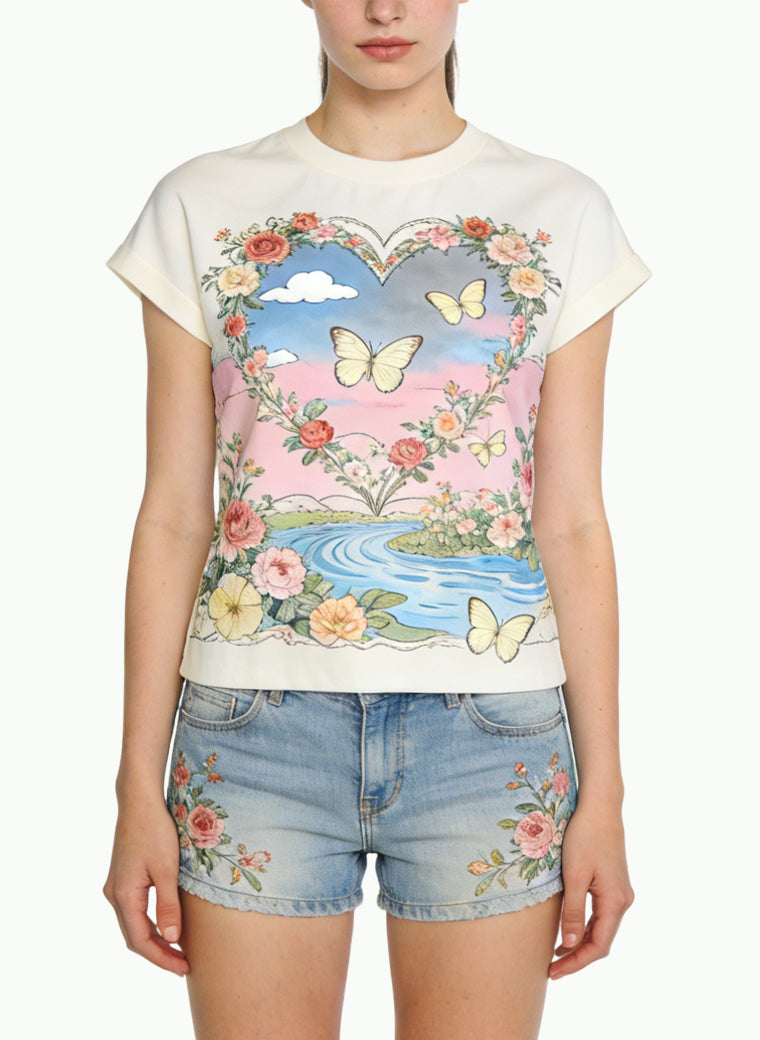 Women's Graphic-print Cropped Short Sleeve Top