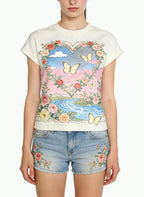 Women's Graphic-print Cropped Short Sleeve Top