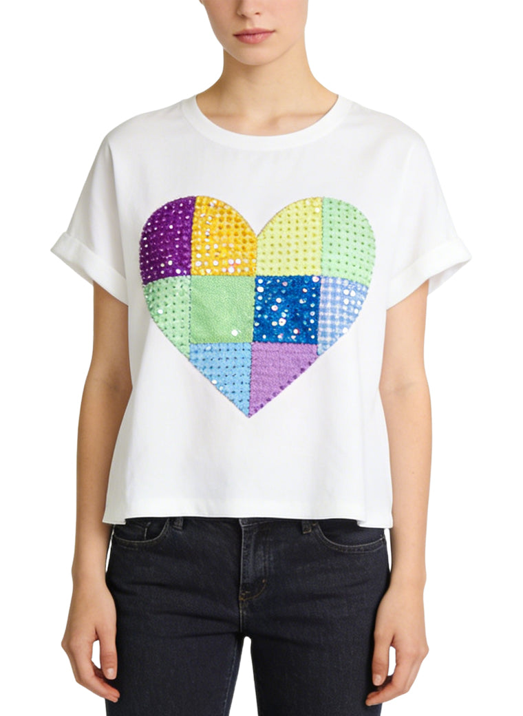 Women's Casual Heart-print Cropped Short Sleeve Top