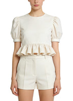 Women's Ruffled Hem Puff-sleeve Short Sleeve Top
