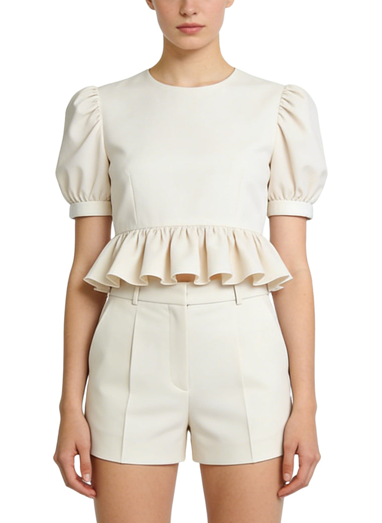 Women's Ruffled Hem Puff-sleeve Short Sleeve Top