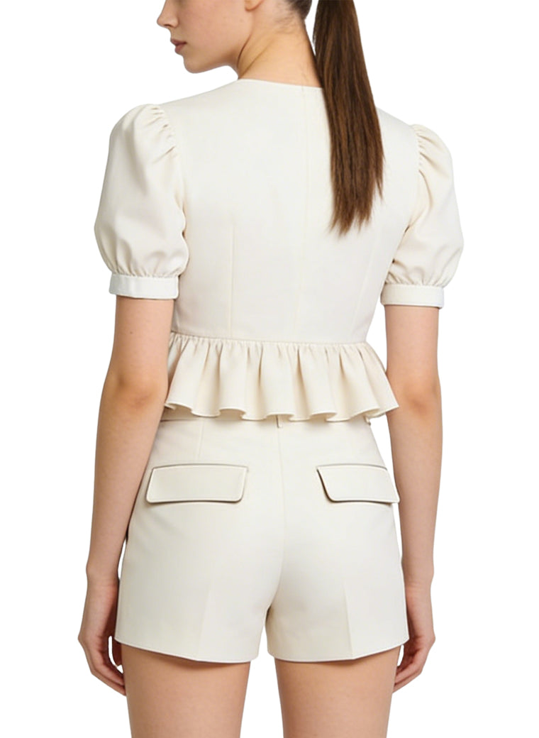 Women's Ruffled Hem Puff-sleeve Short Sleeve Top