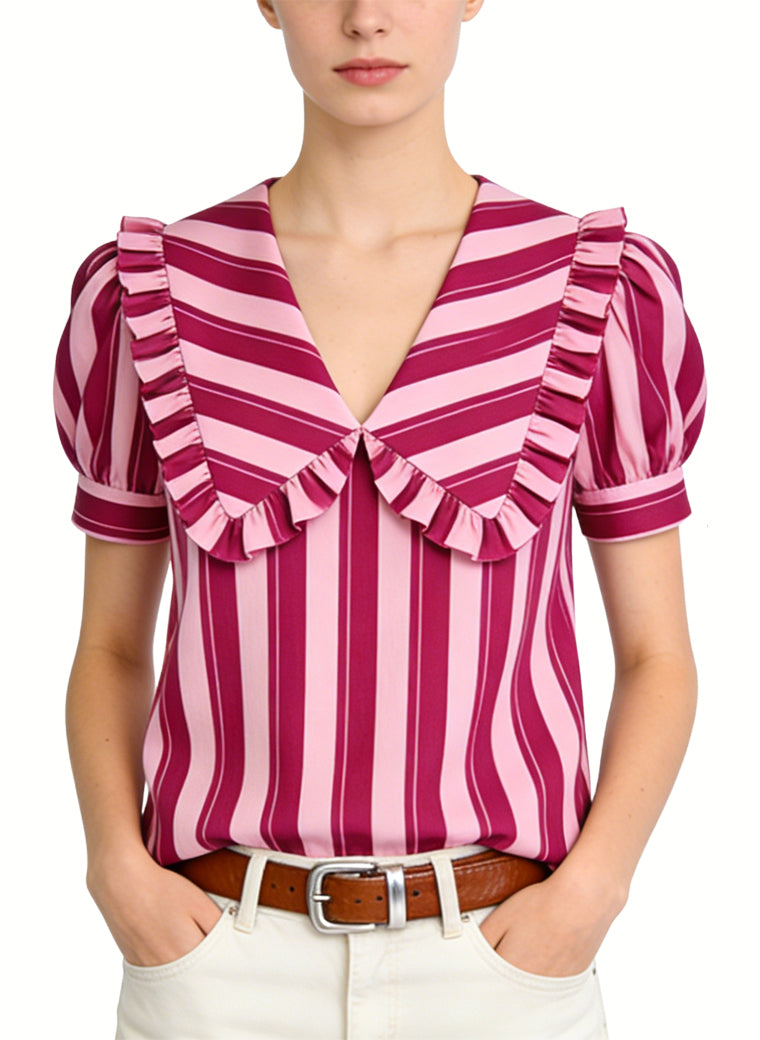 Women's V-neck Striped Puff-sleeve Short Sleeve Top