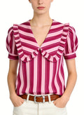 Women's V-neck Striped Puff-sleeve Short Sleeve Top