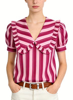 Women's V-neck Striped Puff-sleeve Short Sleeve Top