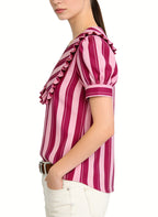 Women's V-neck Striped Puff-sleeve Short Sleeve Top