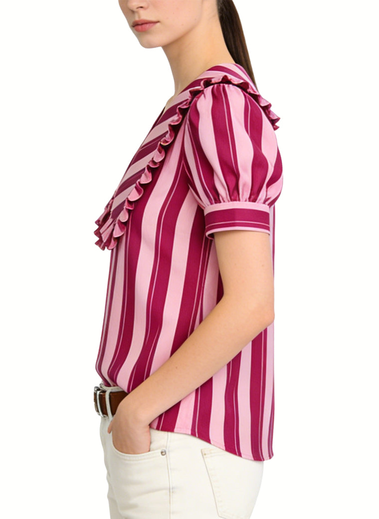 Women's V-neck Striped Puff-sleeve Short Sleeve Top