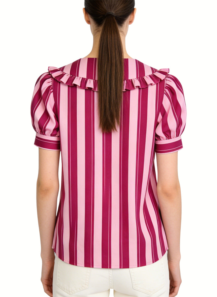 Women's V-neck Striped Puff-sleeve Short Sleeve Top