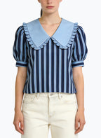 Women's Peter Pan Collar Striped Short Sleeve Top
