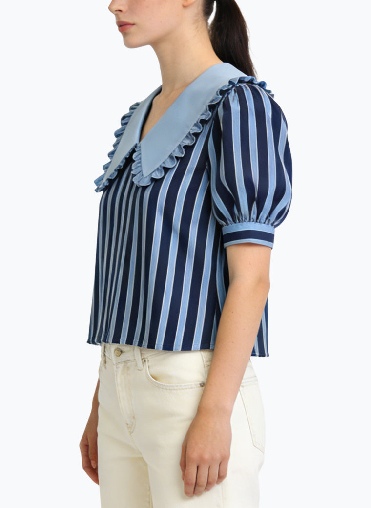 Women's Peter Pan Collar Striped Short Sleeve Top