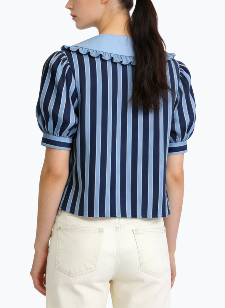 Women's Peter Pan Collar Striped Short Sleeve Top