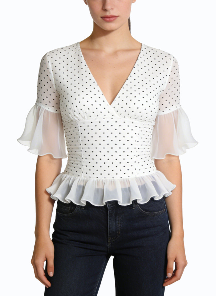 Women's V-neck Lace-trim Short Sleeve Top