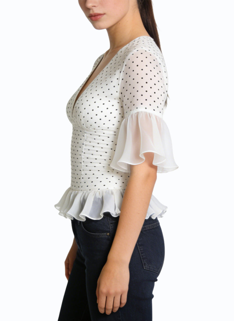 Women's V-neck Lace-trim Short Sleeve Top