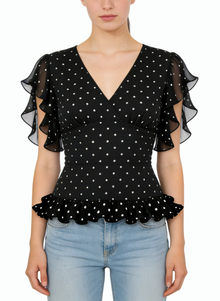 Women's Ruffled V-neck Polka-dot Short Sleeve Top